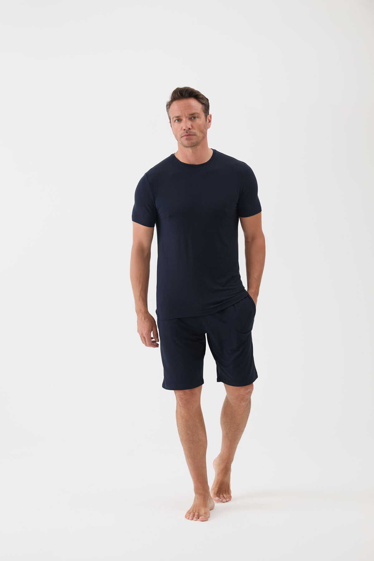 Cottons & Clouds Loose Fit Kısa Kollu Erkek Mikro Modal Şort Takımı CC9086 Lacivert