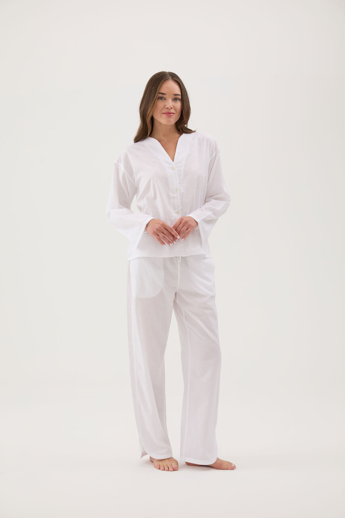 Cottons & Clouds Beli Lastikli Düz Paça Loose Fit Kadın Refli Pijama Altı CC9222 Beyaz