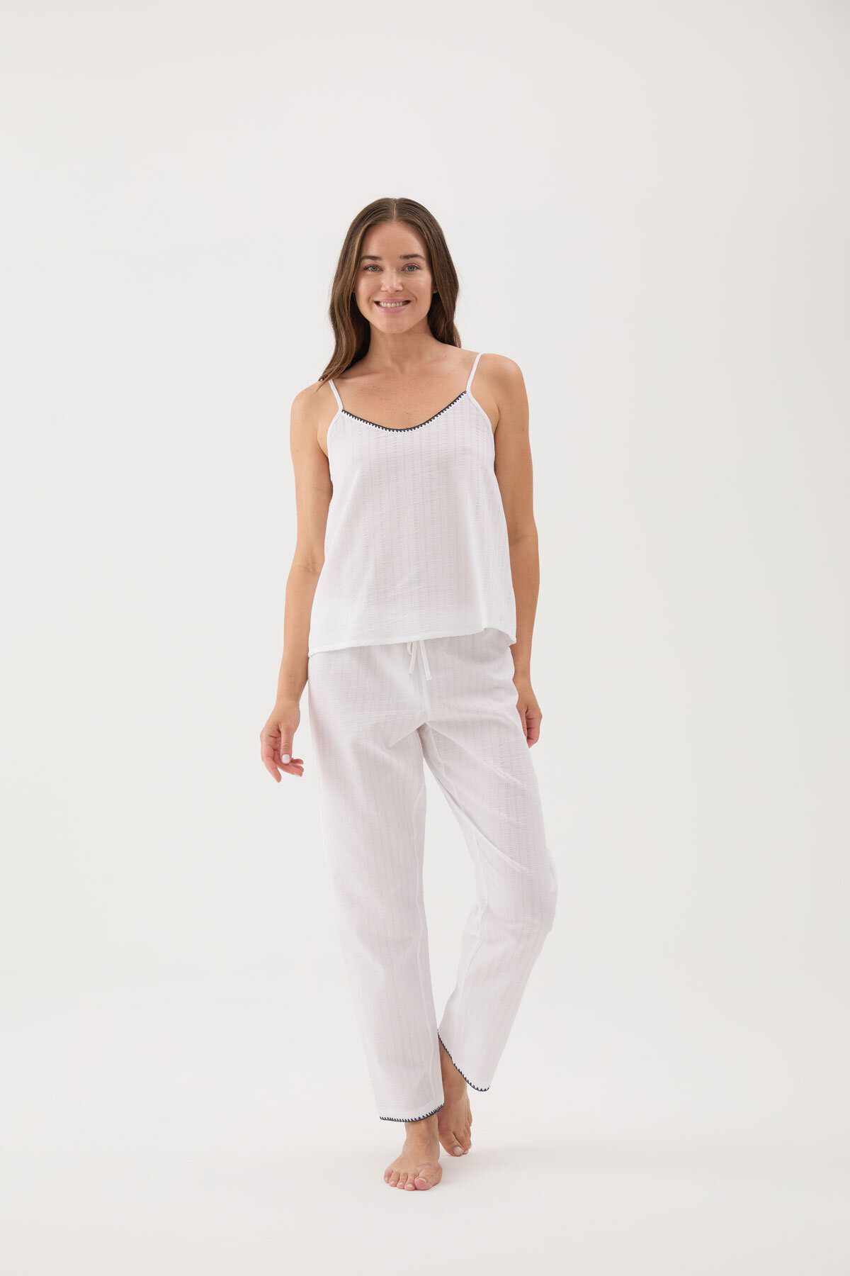Cottons & Clouds Beli Lastikli Düz Paça Loose Fit Kadın Çoban Dikiş Pijama Altı CC9585 Beyaz