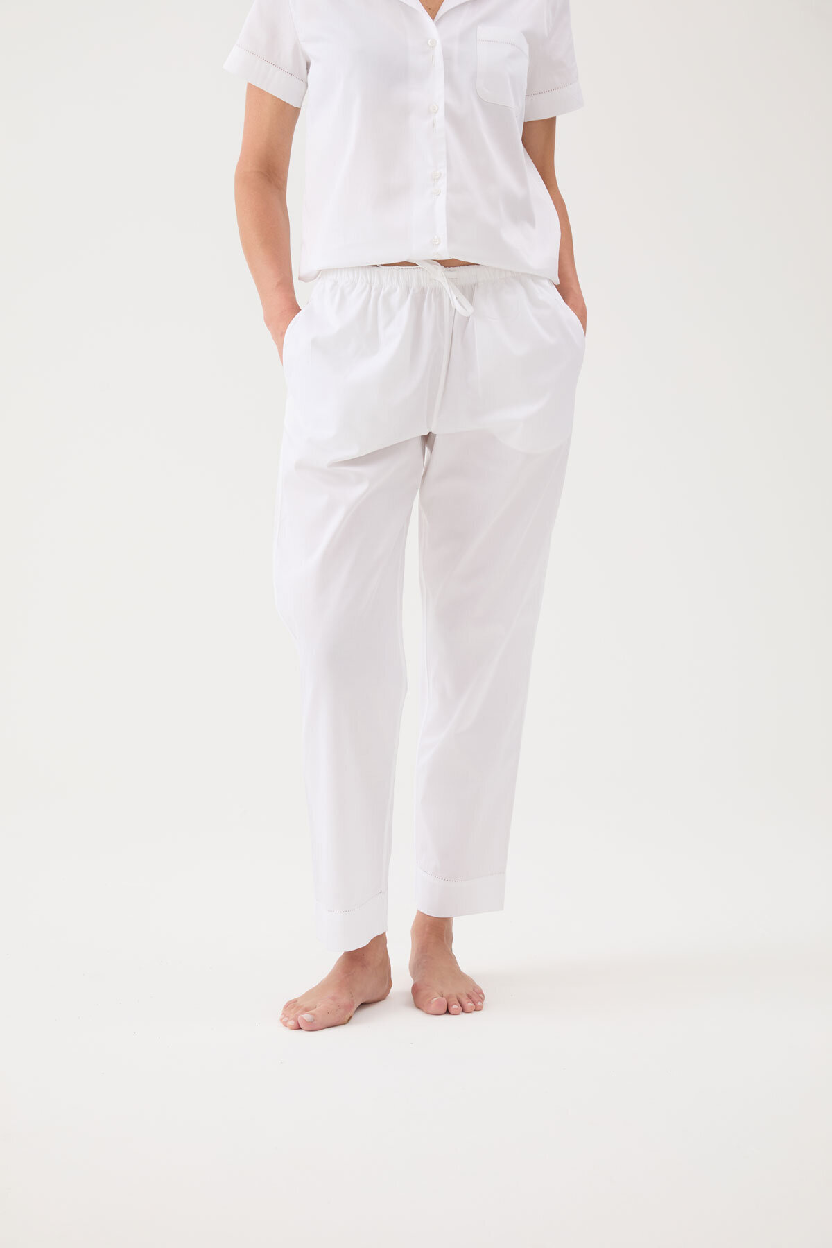 Cottons & Clouds Beli Lastikli Düz Paça Loose Fit Kadın Pamuk Saten Pijama Altı CC9812 Beyaz