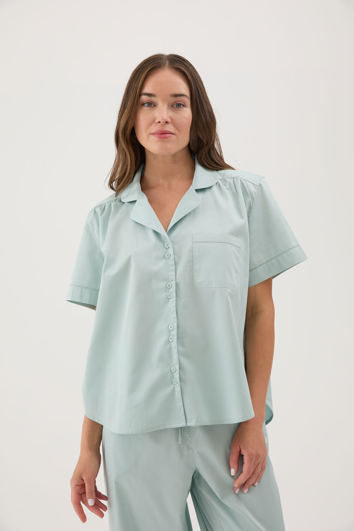 Cottons & Clouds Düğmeli Loose Fit Kısa Kollu Kadın Pamuk Saten Pijama Üstü CC9813 Mint