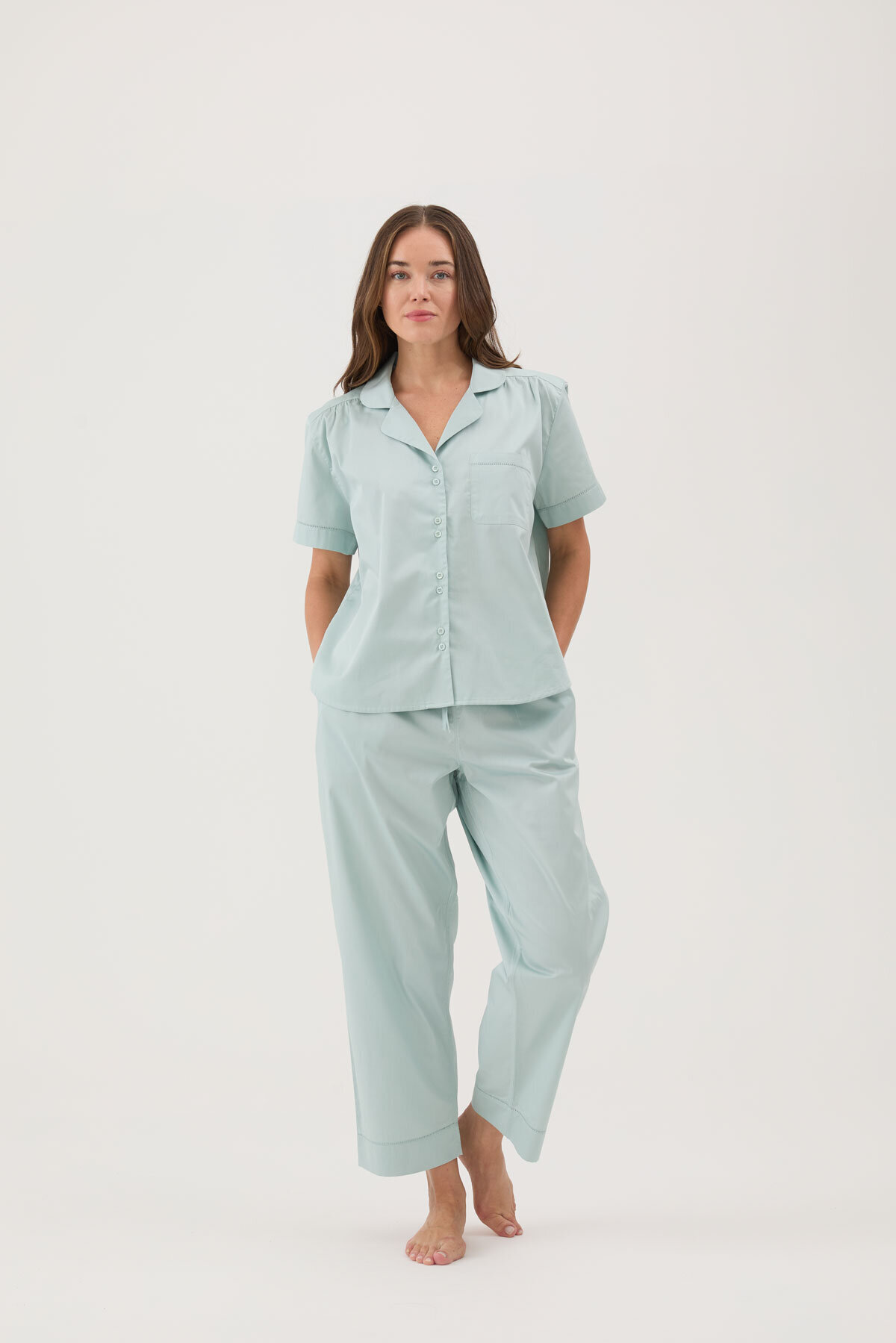 Cottons & Clouds Beli Lastikli Düz Paça Loose Fit Kadın Pamuk Saten Pijama Altı CC9814 Mint