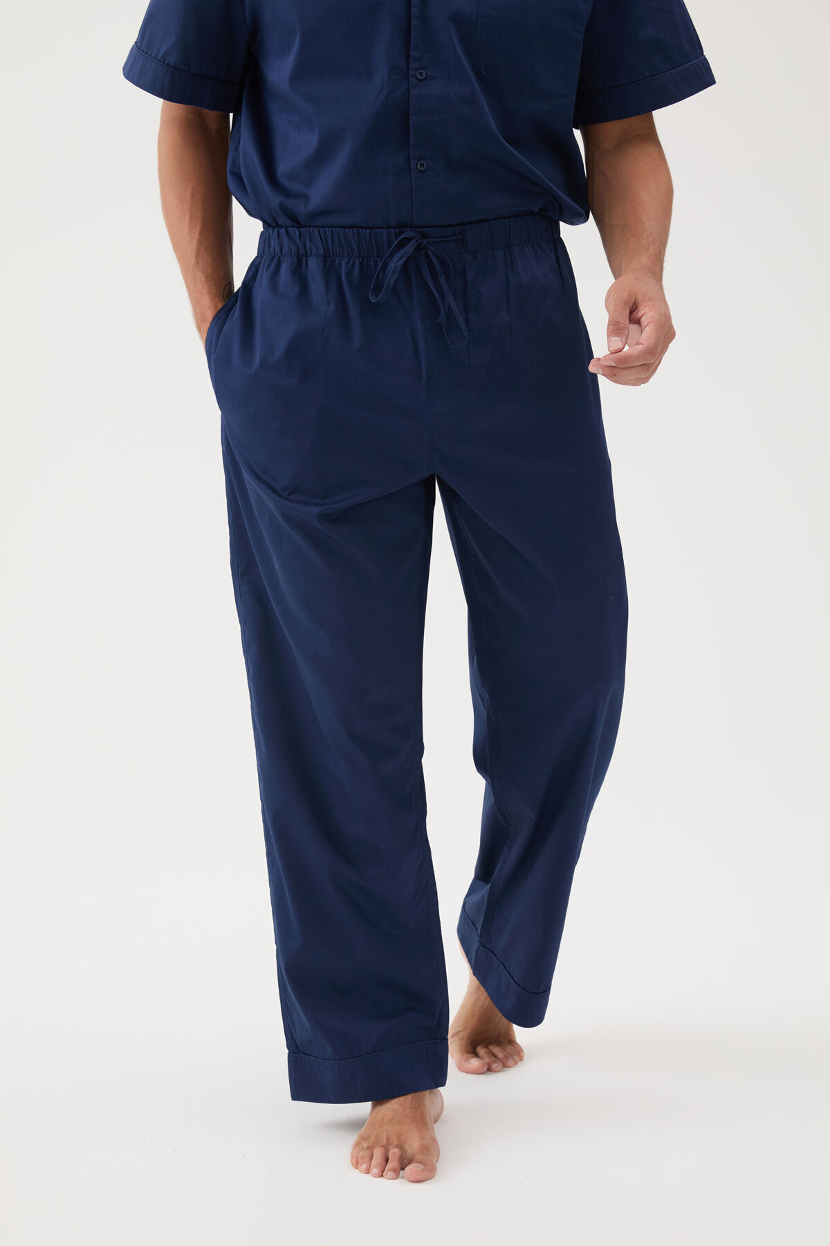 Cottons & Clouds Beli Lastikli Düz Paça Loose Fit Erkek Pamuk Saten Pijama Altı CC9818 Lacivert