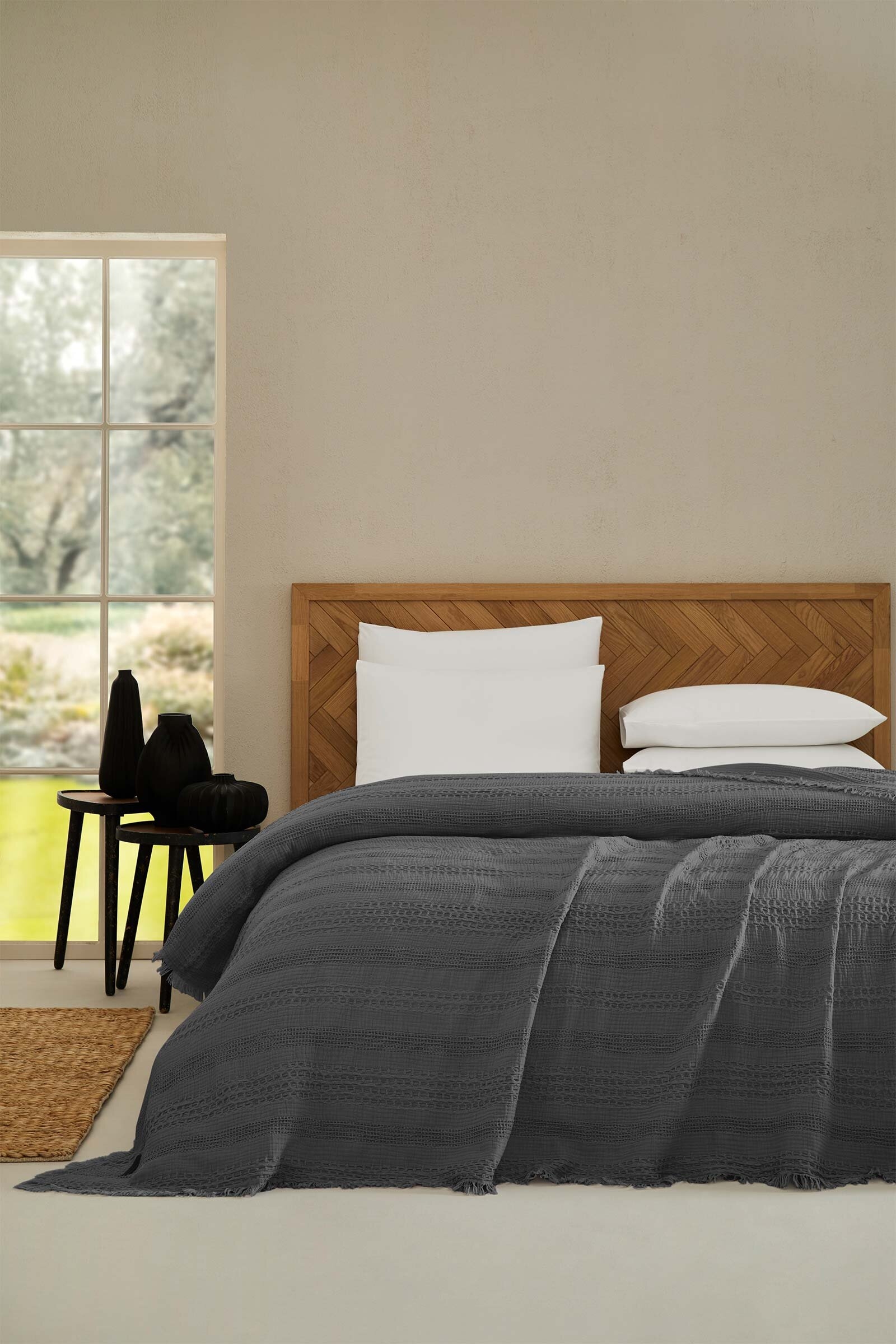 Cottons & Clouds Striped Waffle Throw Örtü 140 x 245 cm