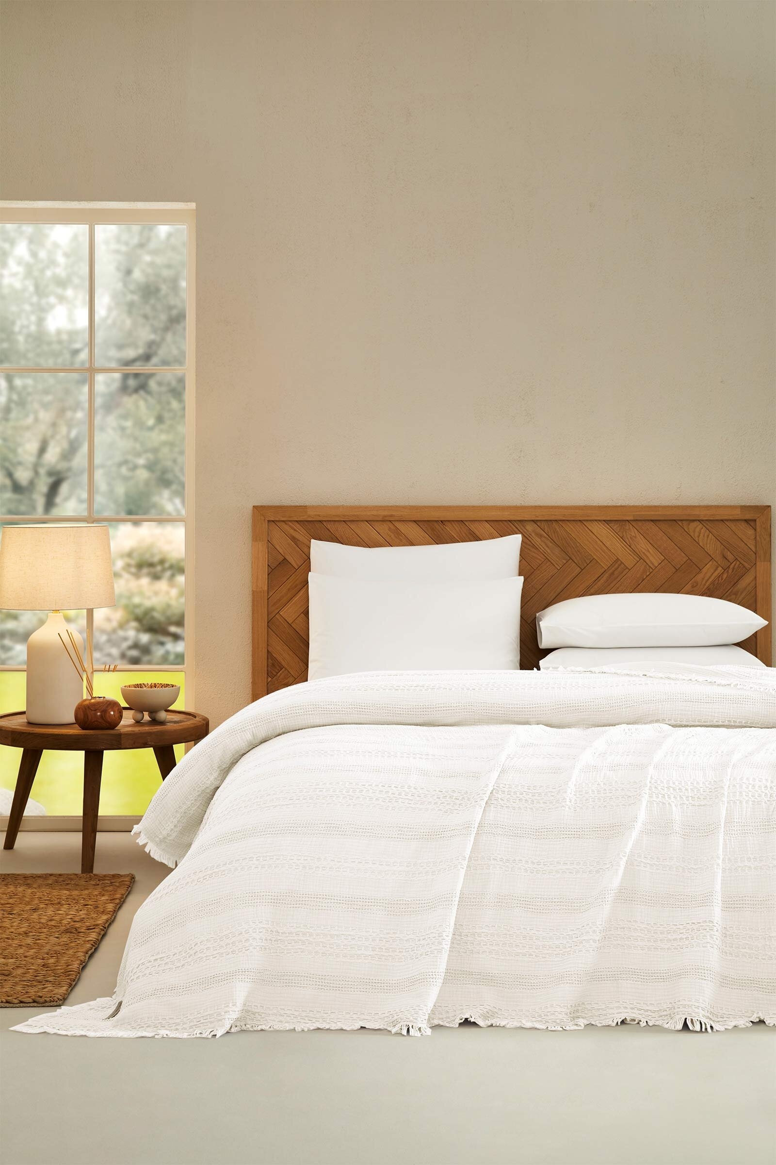 Cottons & Clouds Striped Waffle Throw Örtü 140 x 245 cm