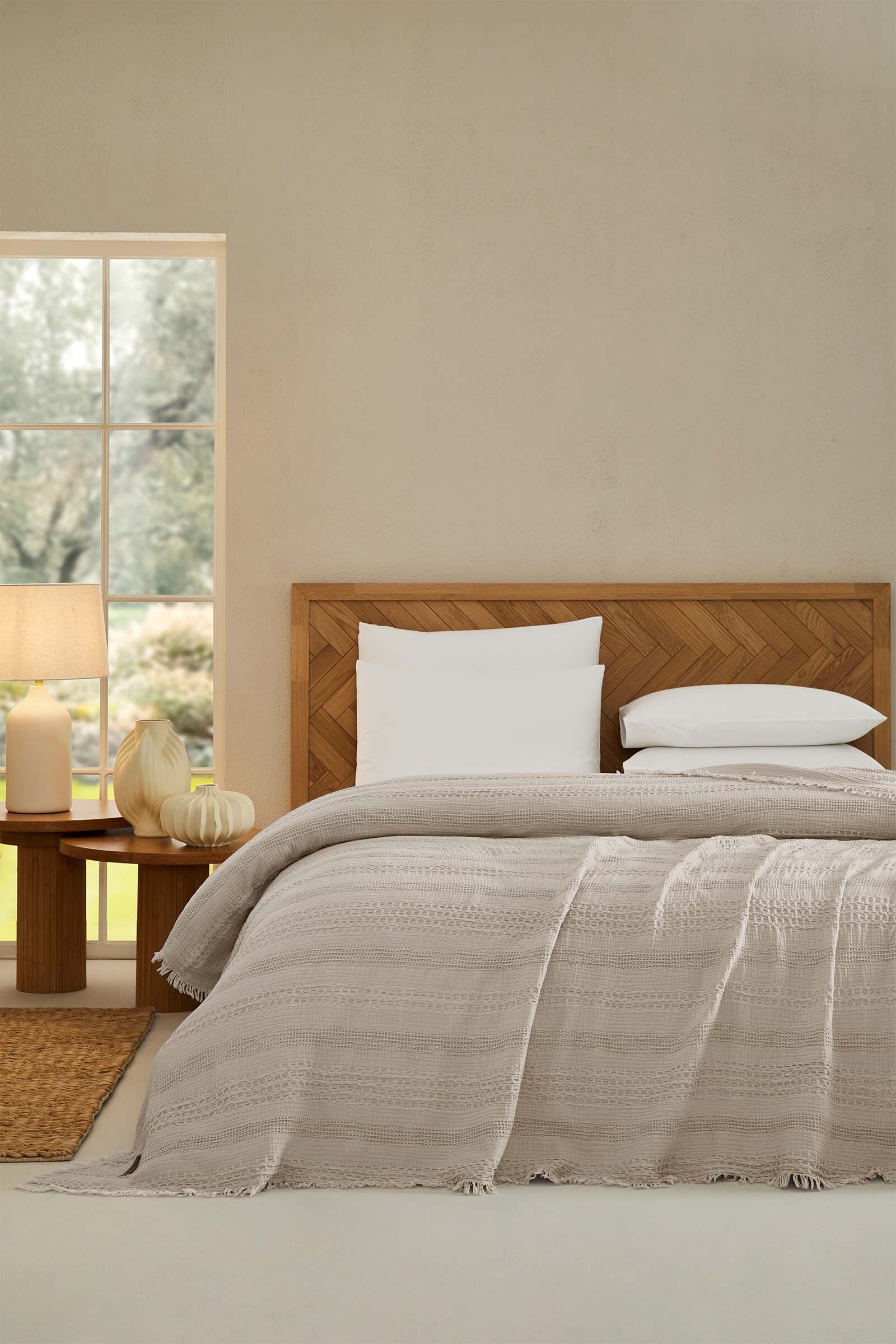 Cottons & Clouds Striped Waffle Throw Örtü 160 x 245 cm